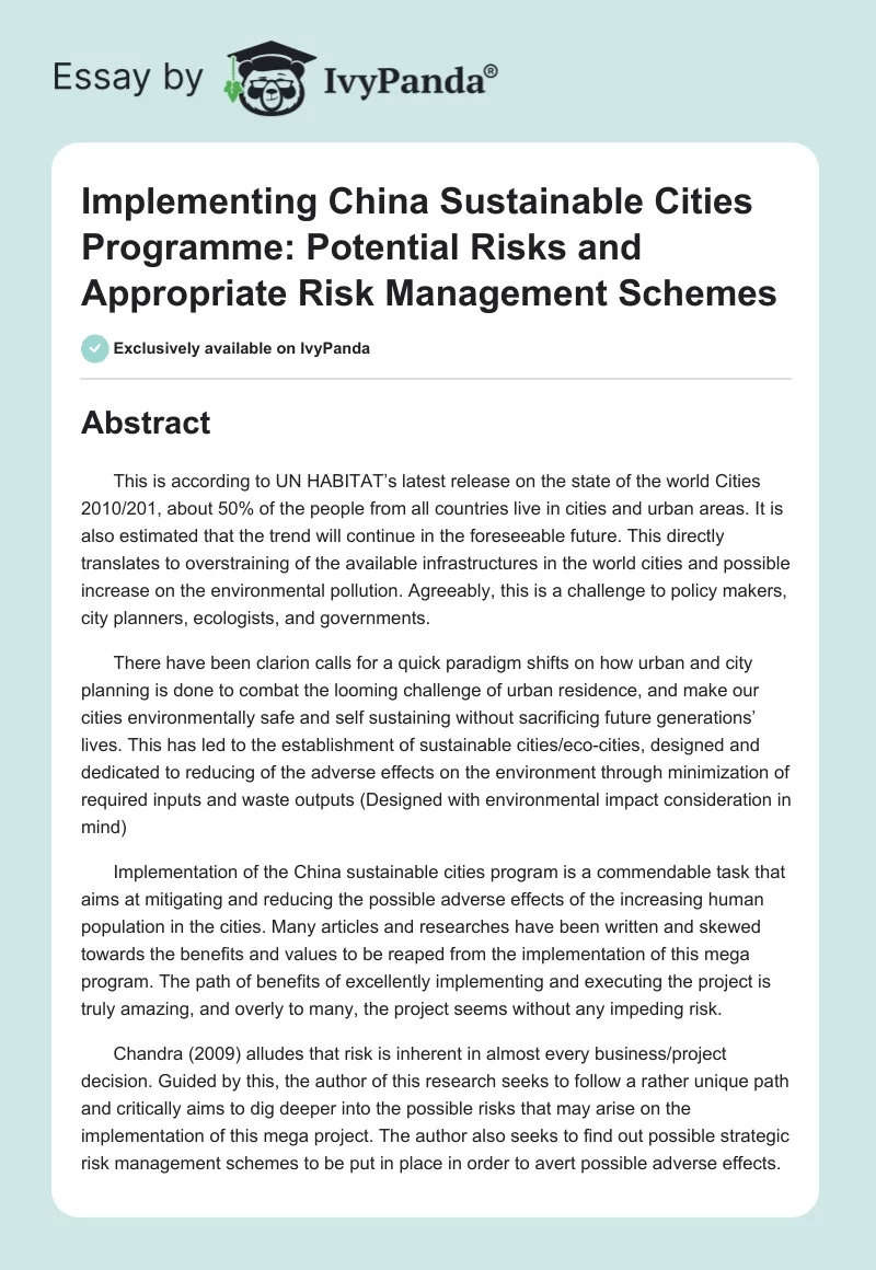 Implementing China Sustainable Cities Programme: Potential Risks and Appropriate Risk Management Schemes. Page 1