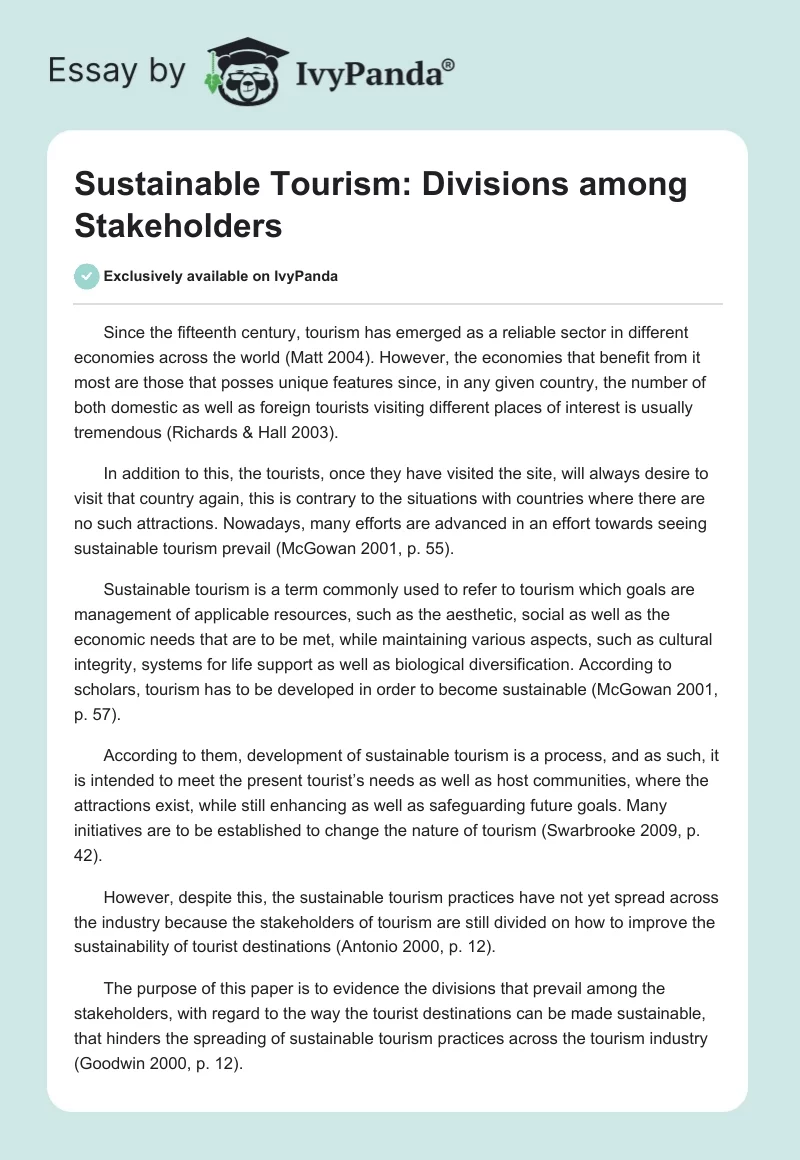 Sustainable Tourism: Divisions among Stakeholders. Page 1