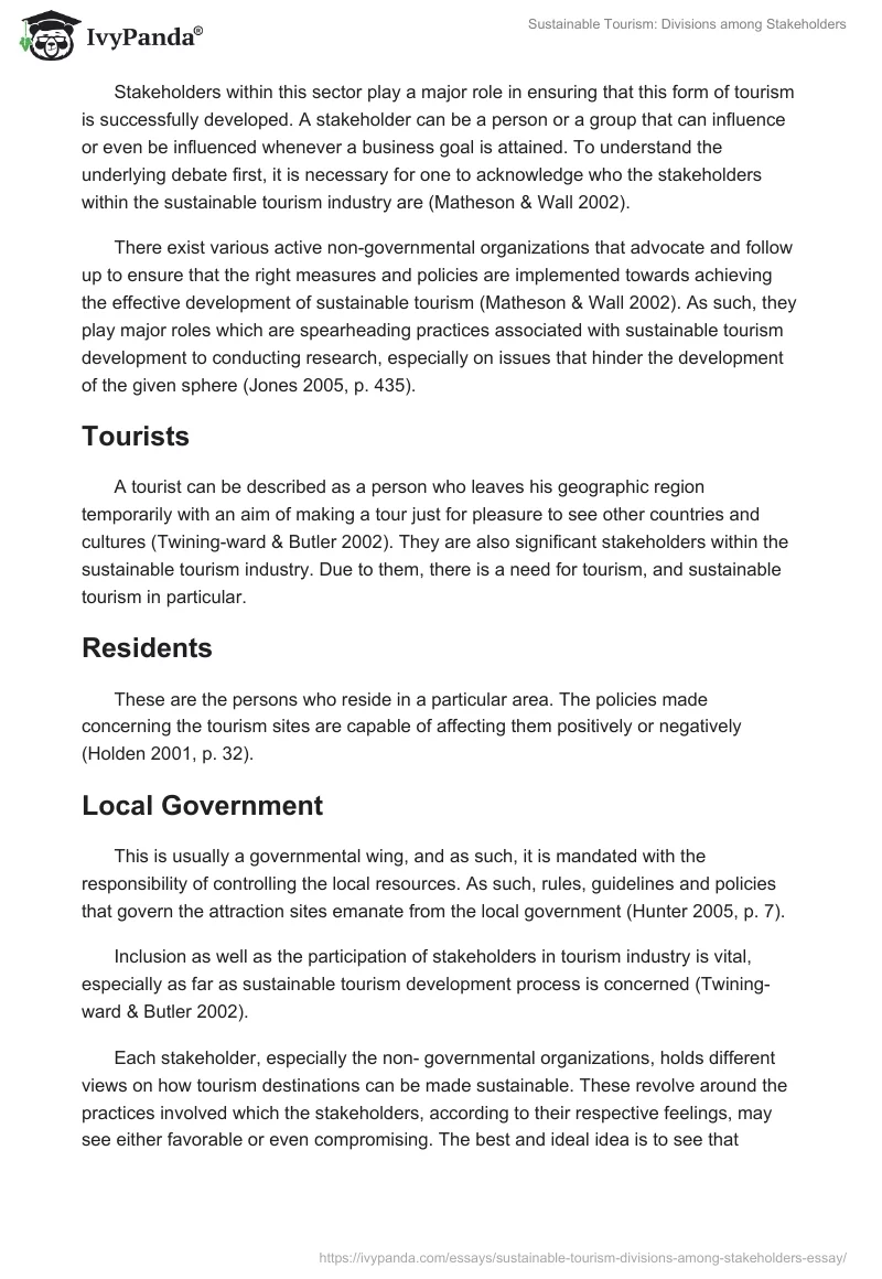Sustainable Tourism: Divisions among Stakeholders. Page 2