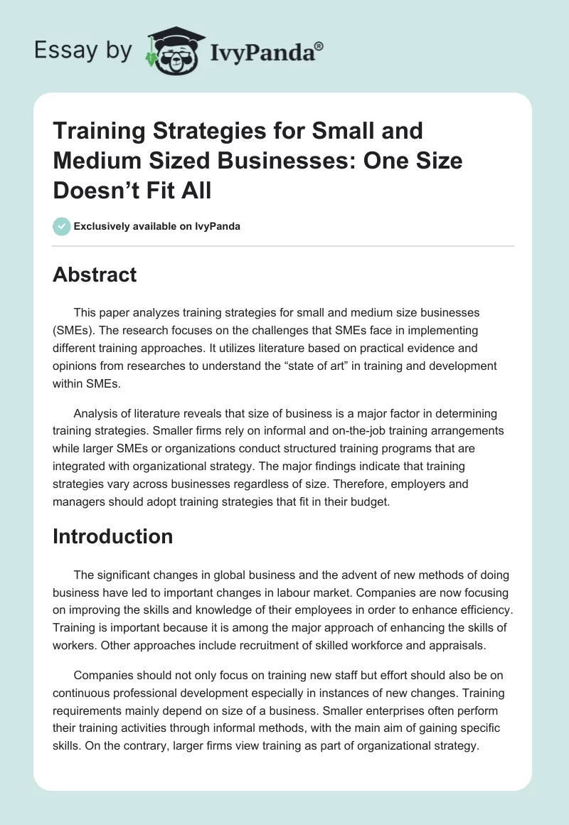 Training Strategies for Small and Medium Sized Businesses: One Size Doesn’t Fit All. Page 1