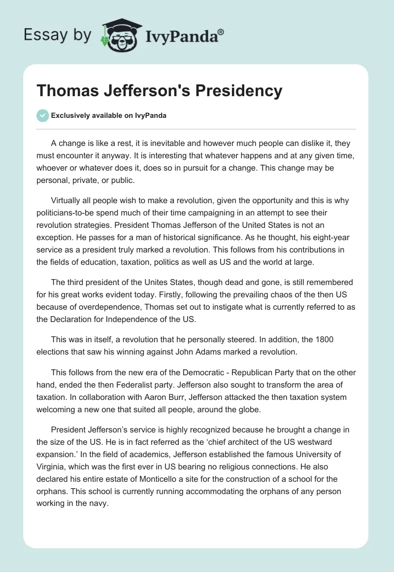 Thomas Jefferson's Presidency. Page 1