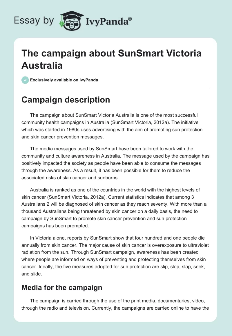 The campaign about SunSmart Victoria Australia. Page 1