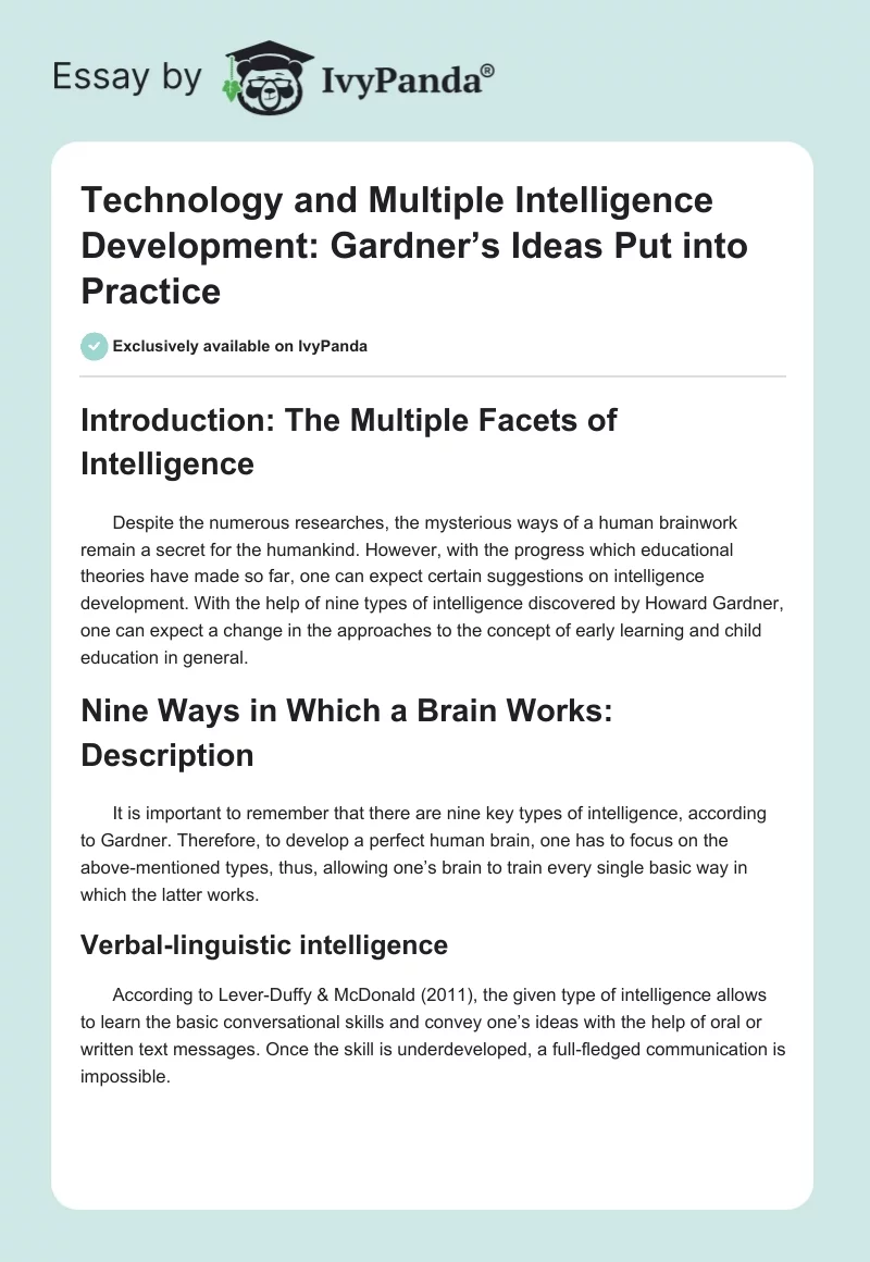 Technology and Multiple Intelligence Development: Gardner’s Ideas Put Into Practice. Page 1