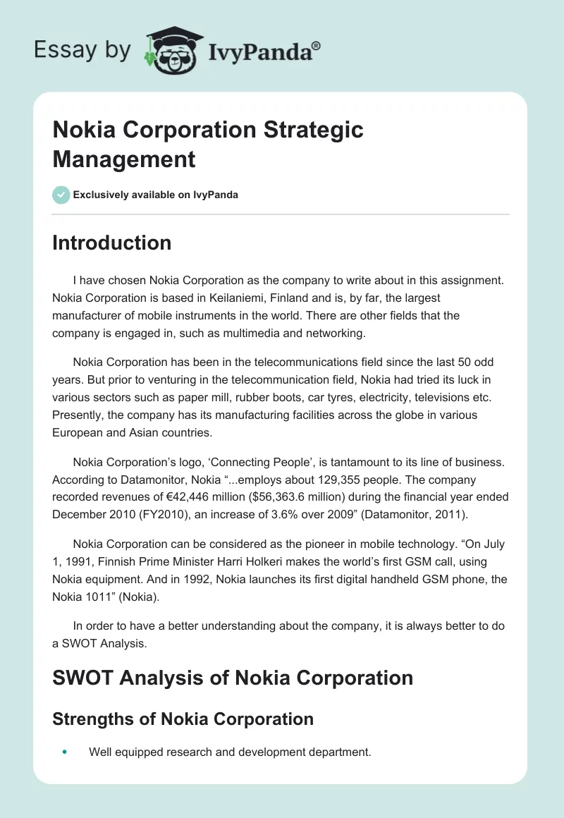 Nokia Corporation Strategic Management. Page 1