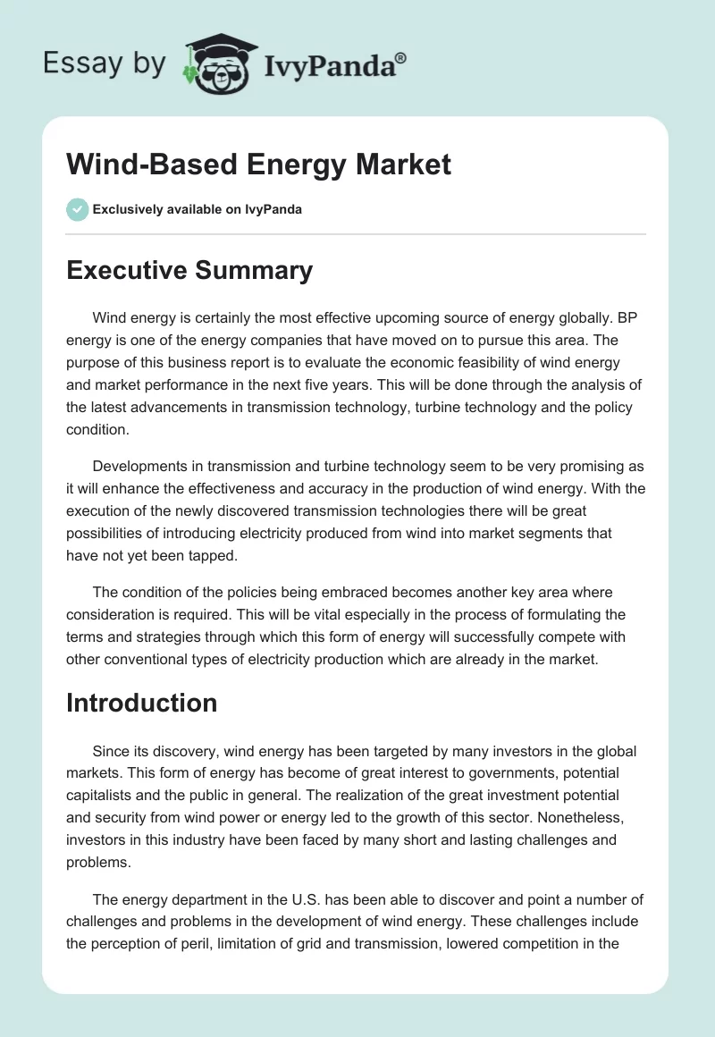 Wind-Based Energy Market. Page 1