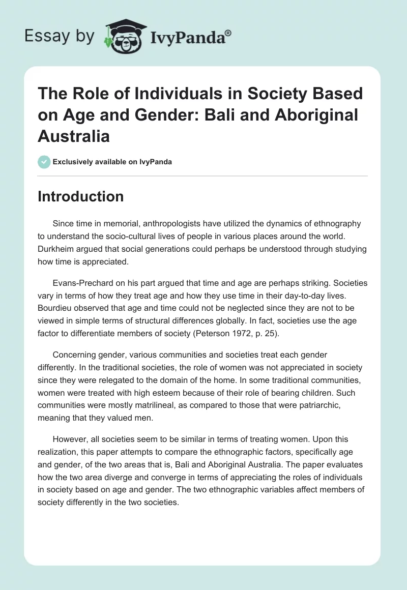 The Role of Individuals in Society Based on Age and Gender: Bali and Aboriginal Australia. Page 1