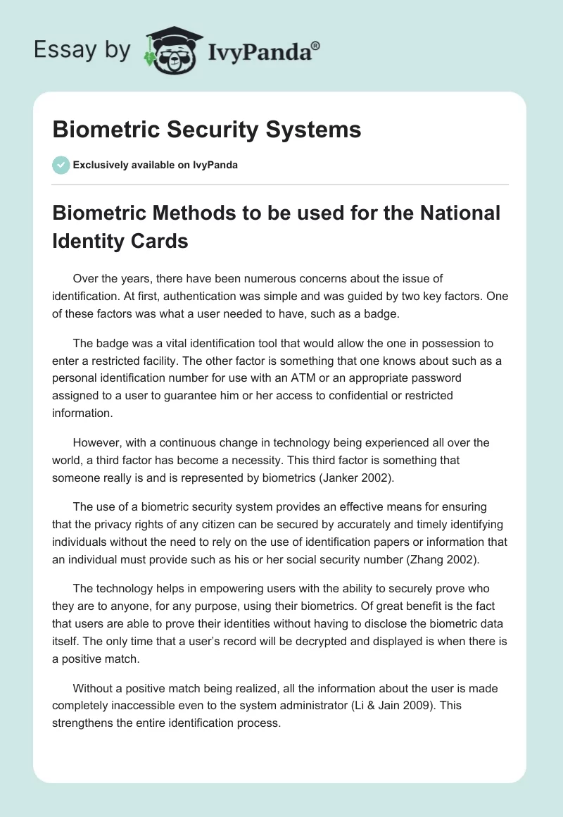 Biometric Security Systems. Page 1
