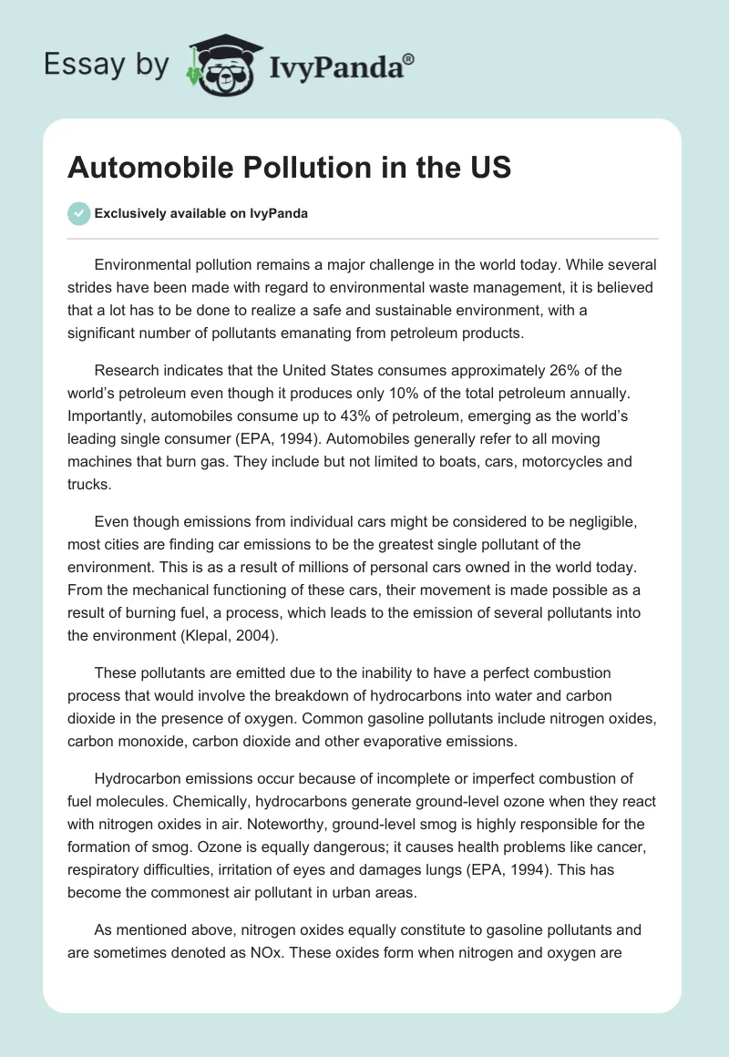 Automobile Pollution in the US. Page 1