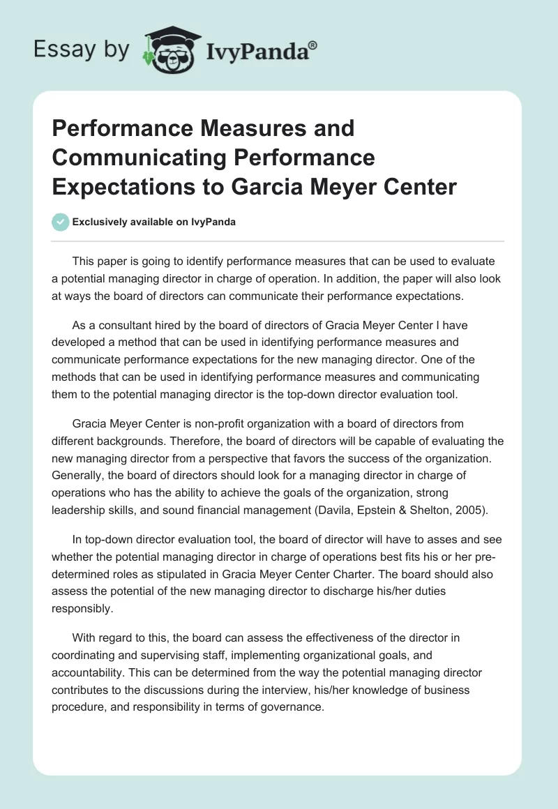 Performance Measures and Communicating Performance Expectations to Garcia Meyer Center. Page 1