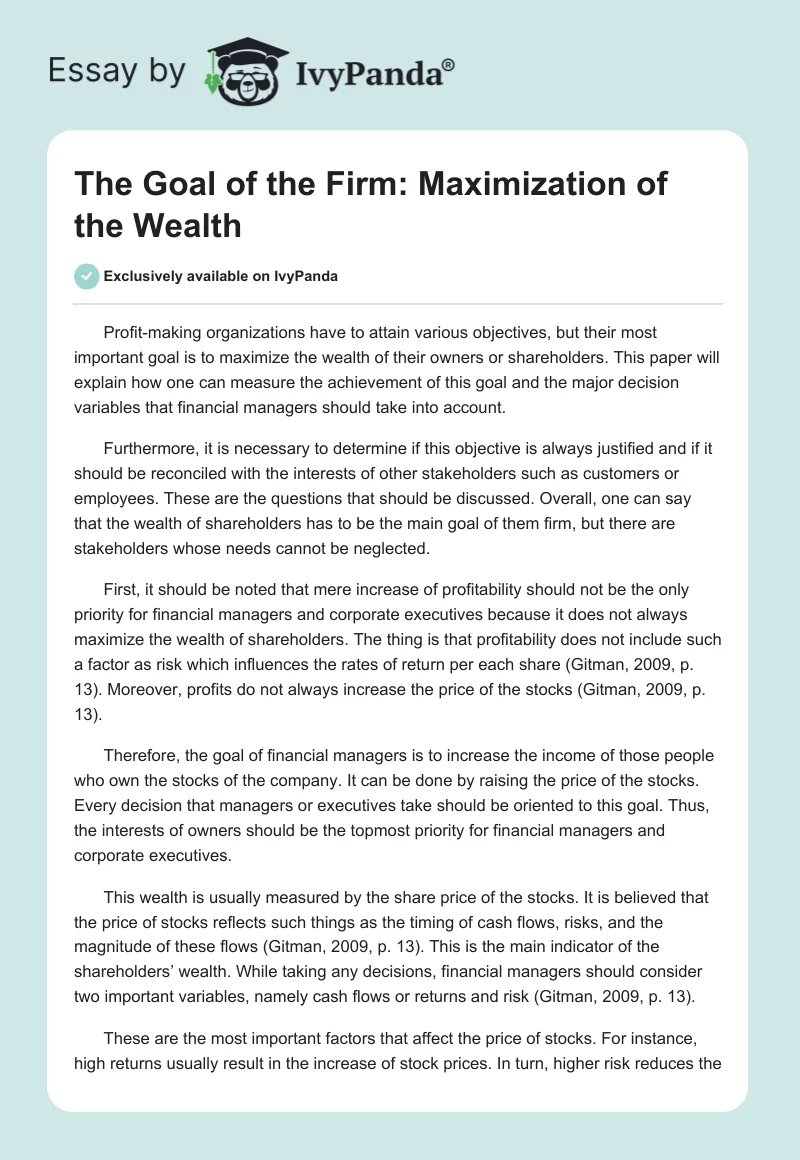 The Goal of the Firm: Maximization of the Wealth. Page 1