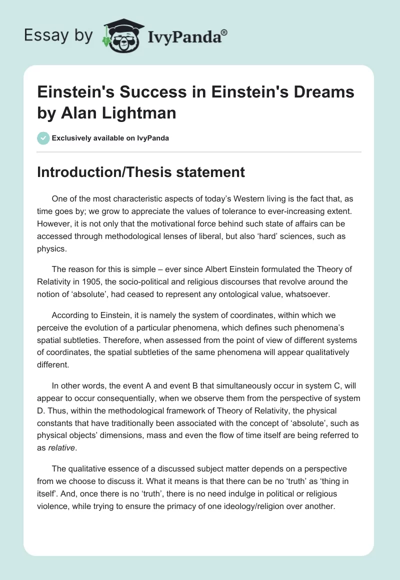 Einstein's Success in "Einstein's Dreams" by Alan Lightman. Page 1