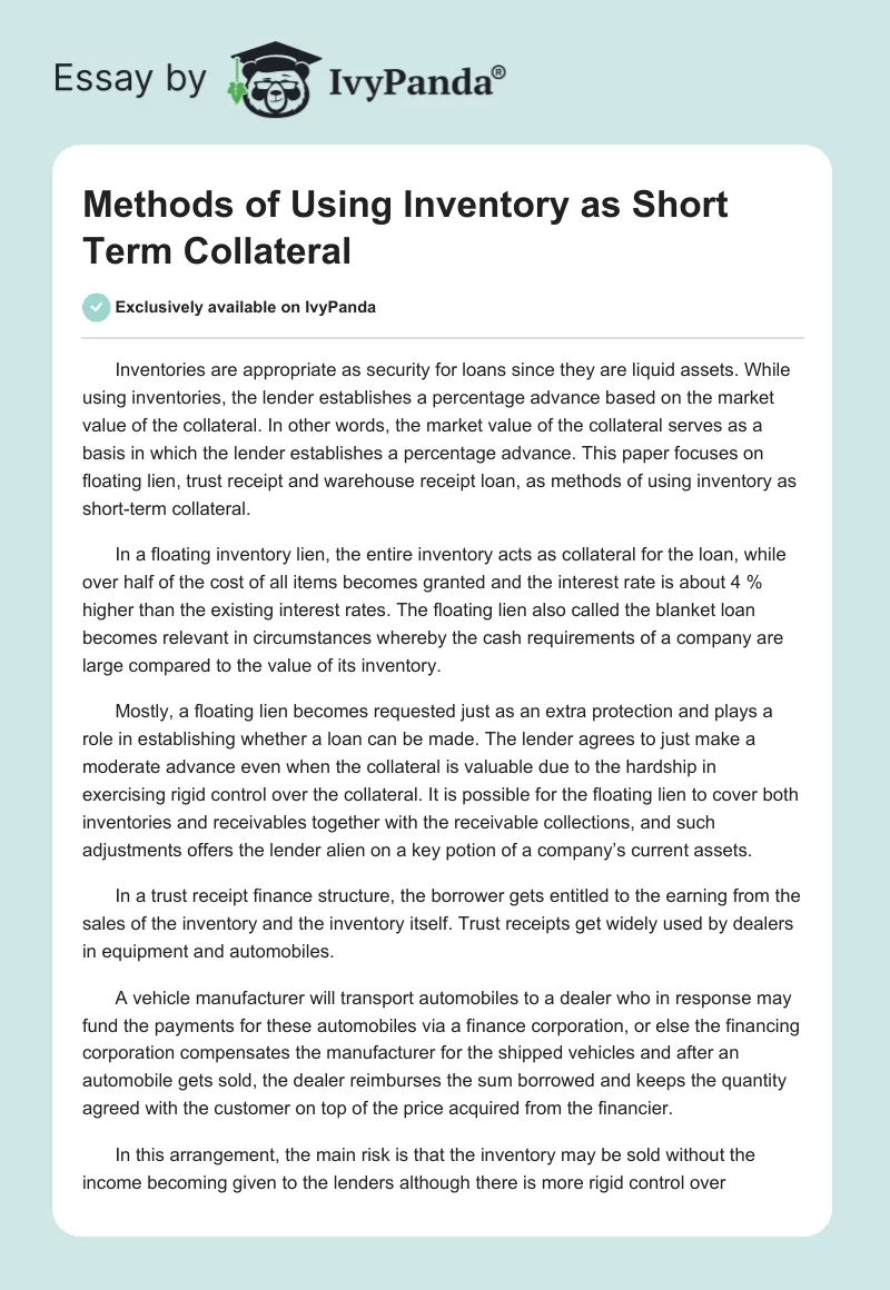 Methods of Using Inventory as Short Term Collateral. Page 1