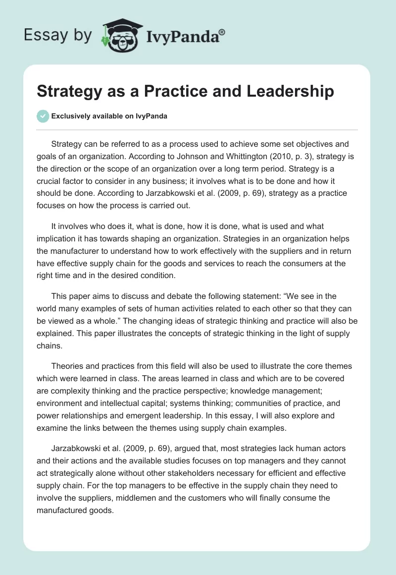 Strategy as a Practice and Leadership. Page 1