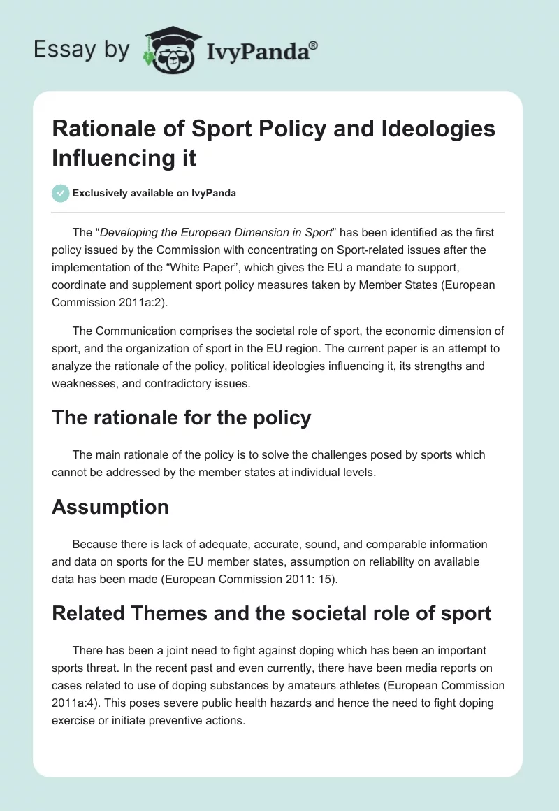 Rationale of Sport Policy and Ideologies Influencing it. Page 1