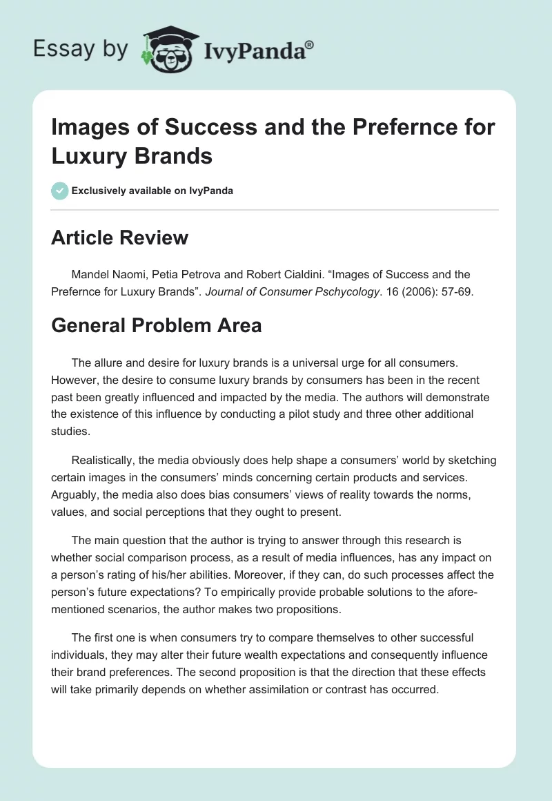 Images of Success and the Prefernce for Luxury Brands. Page 1