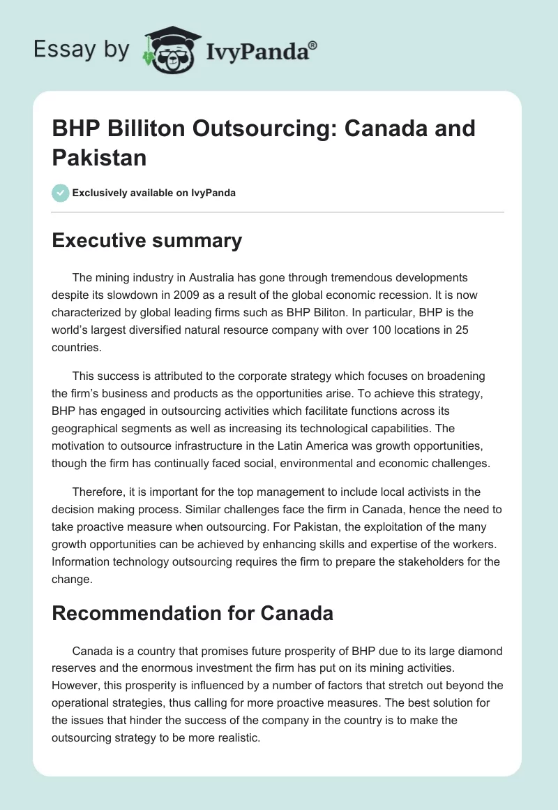 BHP Billiton Outsourcing: Canada and Pakistan. Page 1