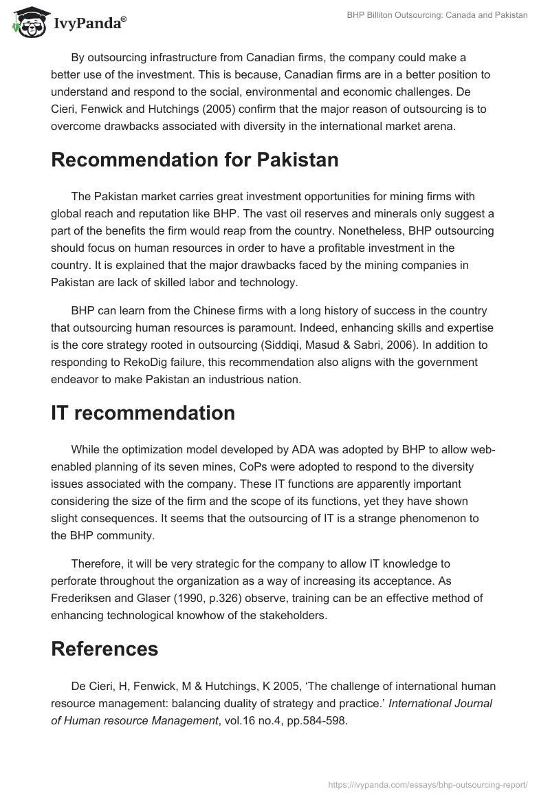 BHP Billiton Outsourcing: Canada and Pakistan. Page 2
