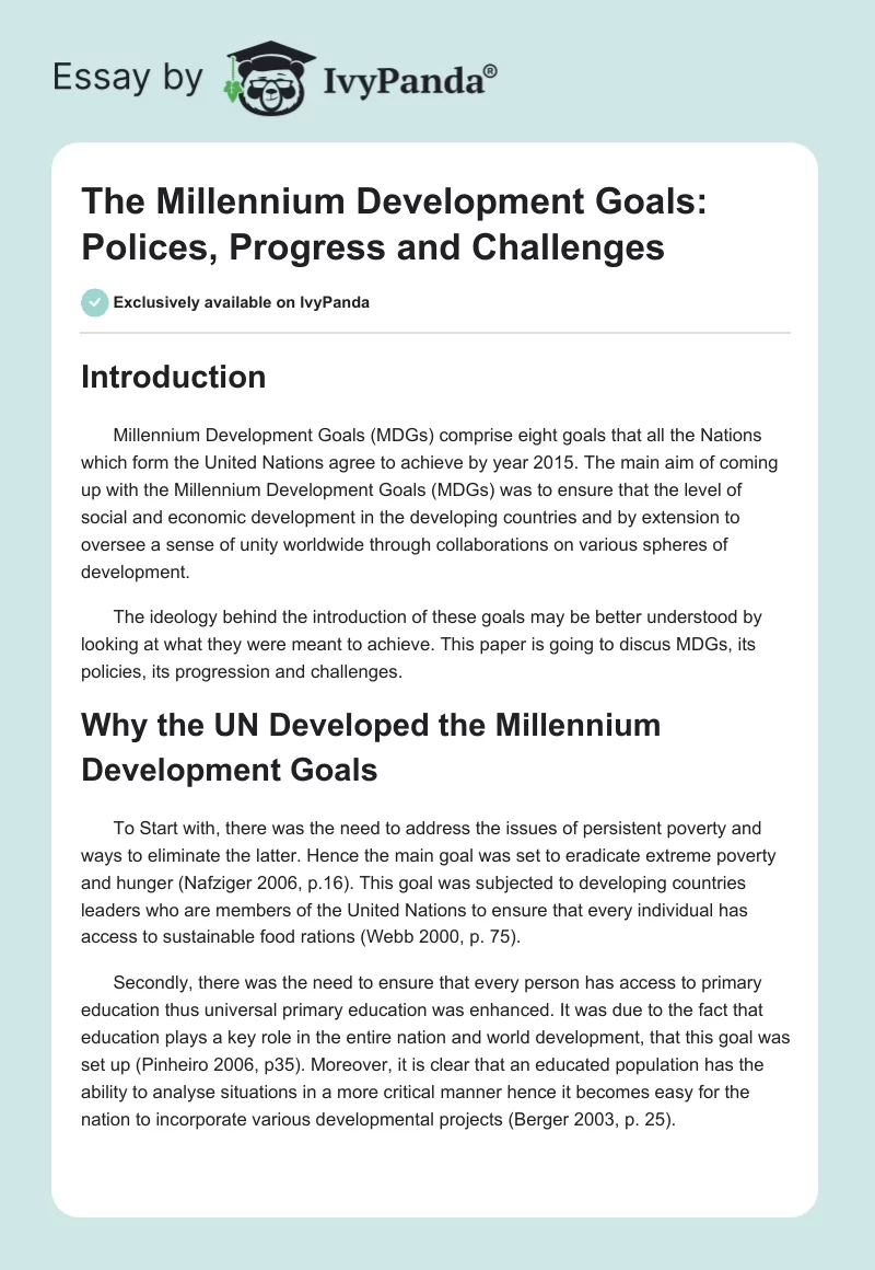 The Millennium Development Goals: Polices, Progress and Challenges. Page 1