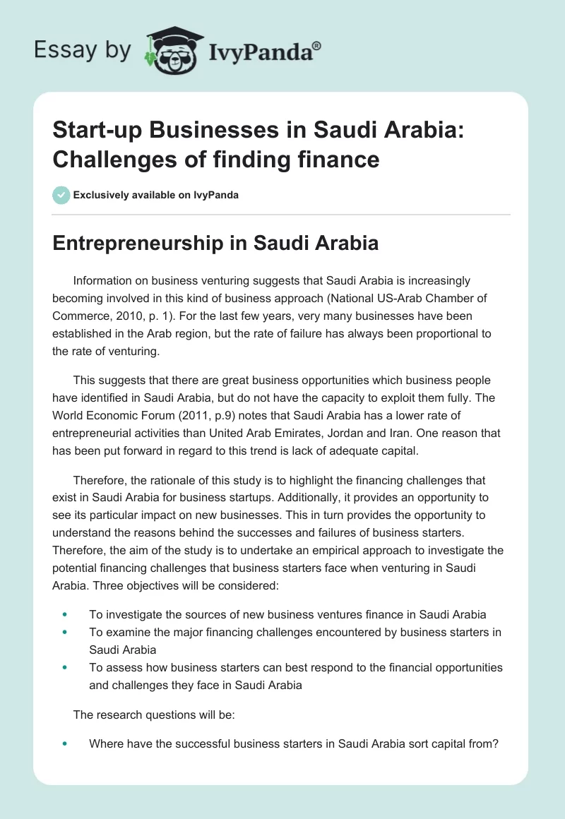 Start-up Businesses in Saudi Arabia: Challenges of Finding Finance. Page 1