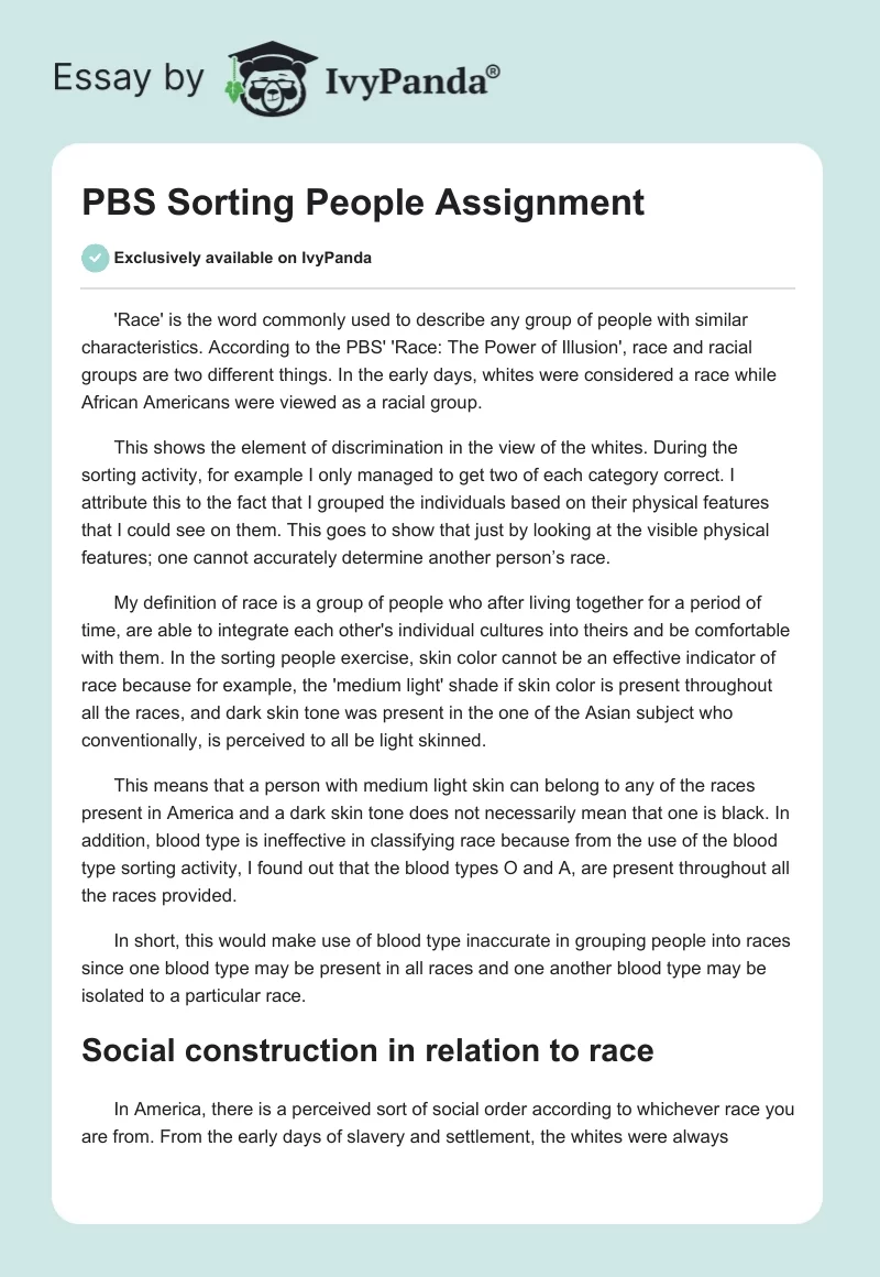 PBS Sorting People Assignment. Page 1