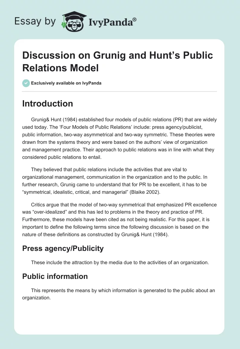 Discussion on Grunig and Hunt’s Public Relations Model. Page 1