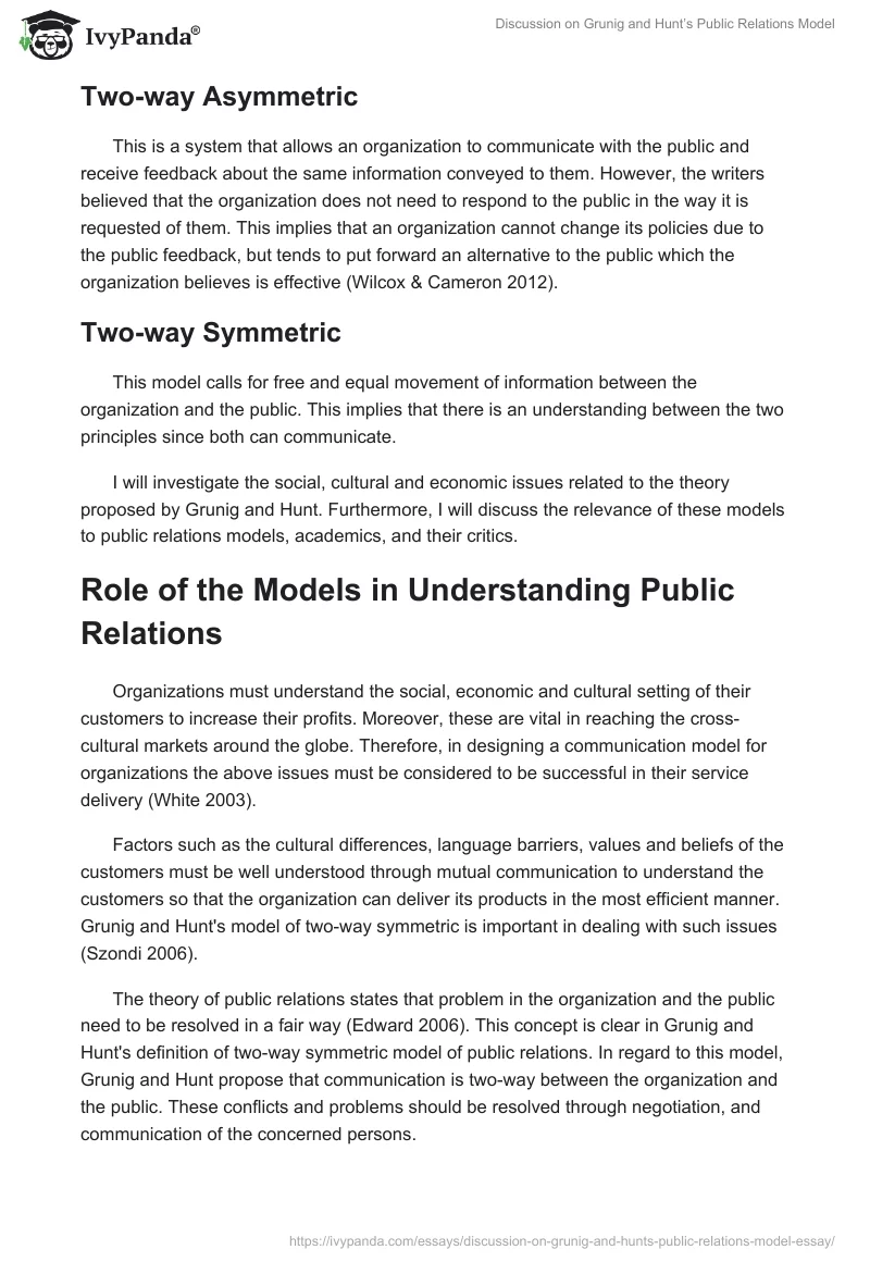 Discussion on Grunig and Hunt’s Public Relations Model. Page 2