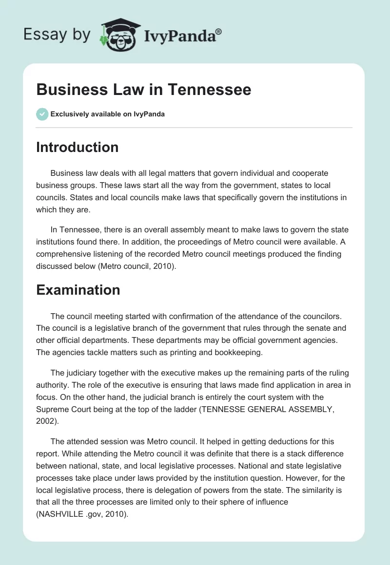 Business Law in Tennessee. Page 1