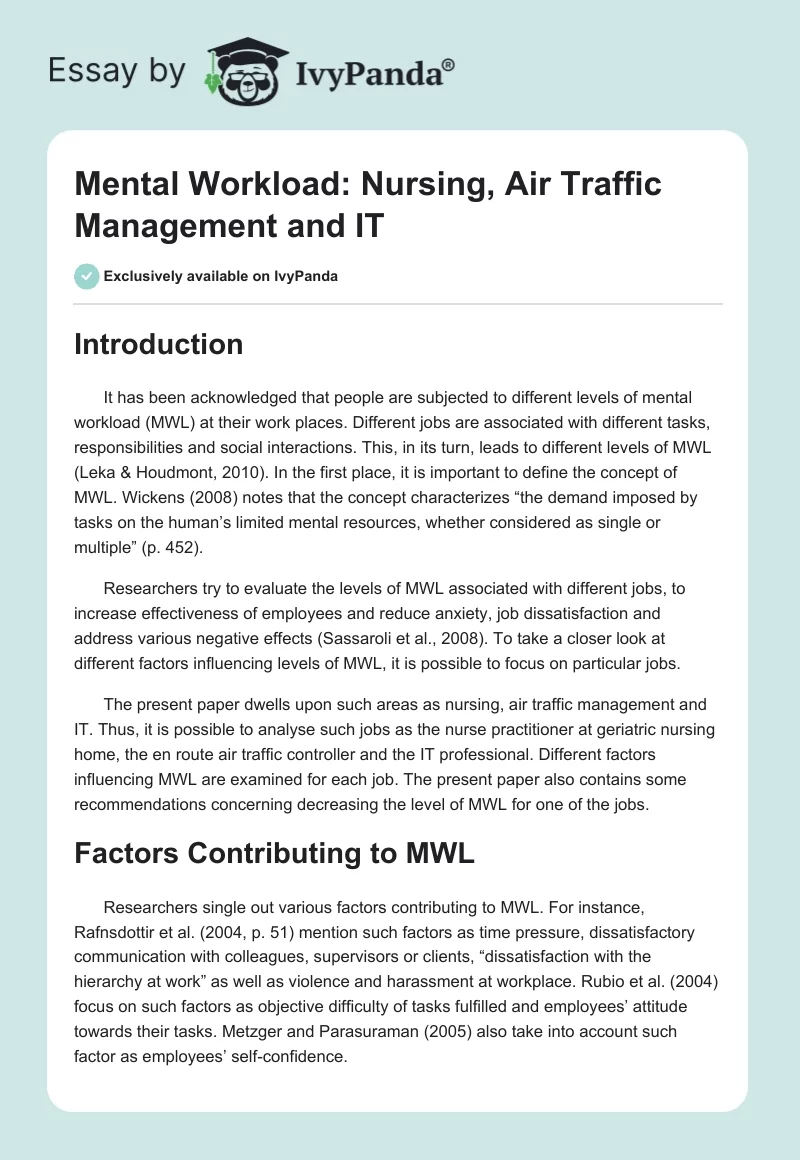 Mental Workload: Nursing, Air Traffic Management and IT. Page 1