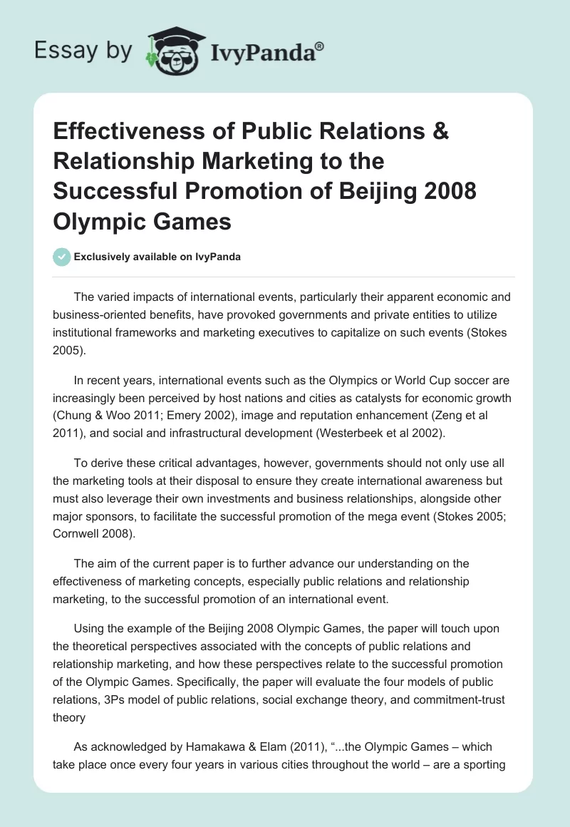 Effectiveness of Public Relations & Relationship Marketing to the Successful Promotion of Beijing 2008 Olympic Games. Page 1