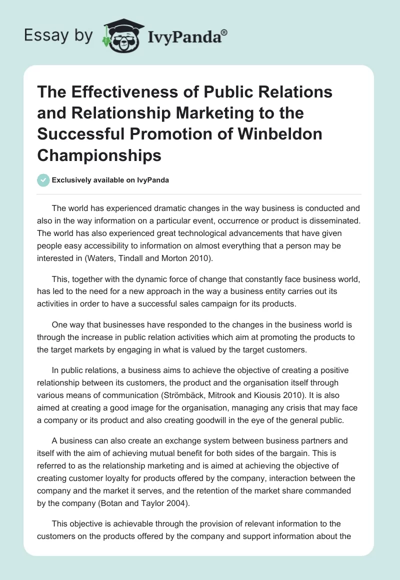 The Effectiveness of Public Relations and Relationship Marketing to the Successful Promotion of Winbeldon Championships. Page 1
