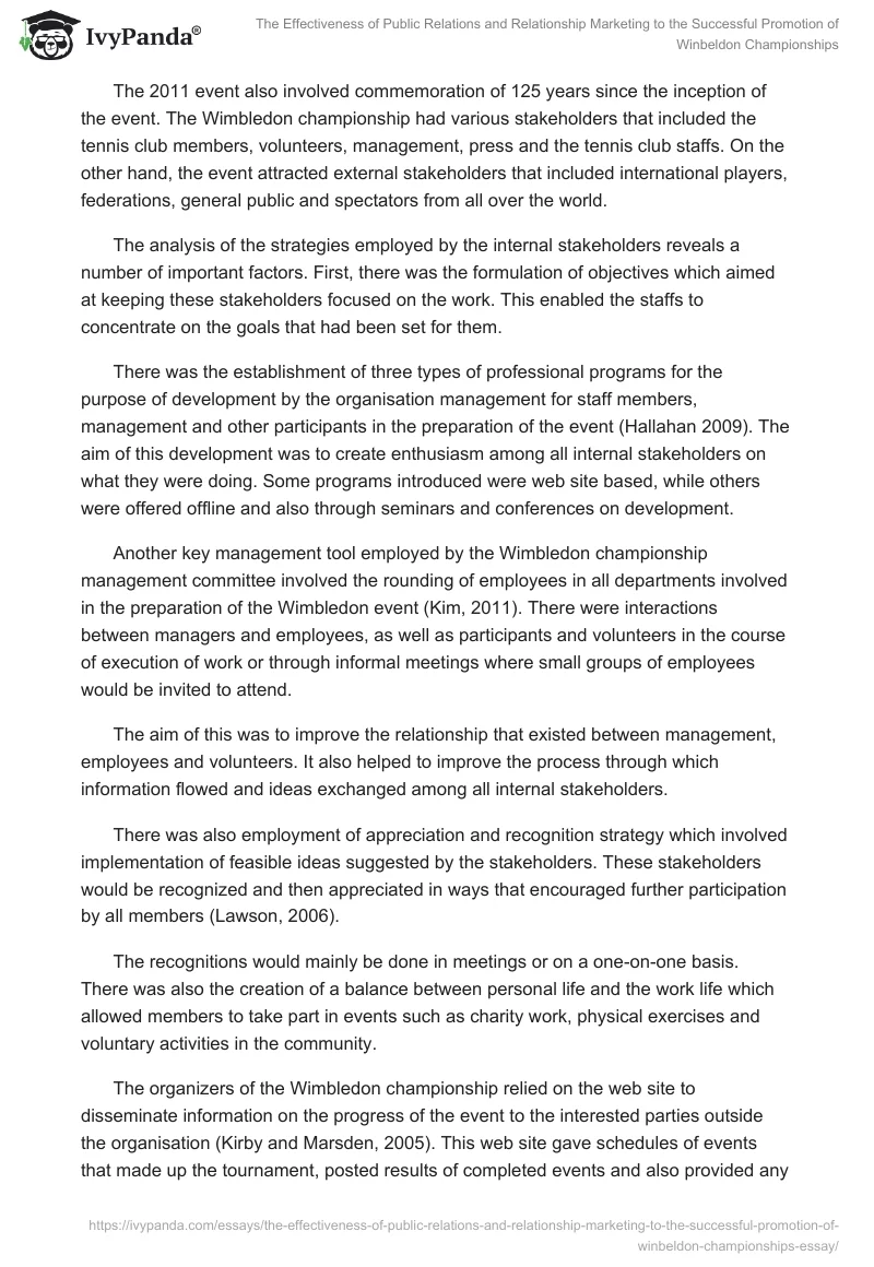 The Effectiveness of Public Relations and Relationship Marketing to the Successful Promotion of Winbeldon Championships. Page 4