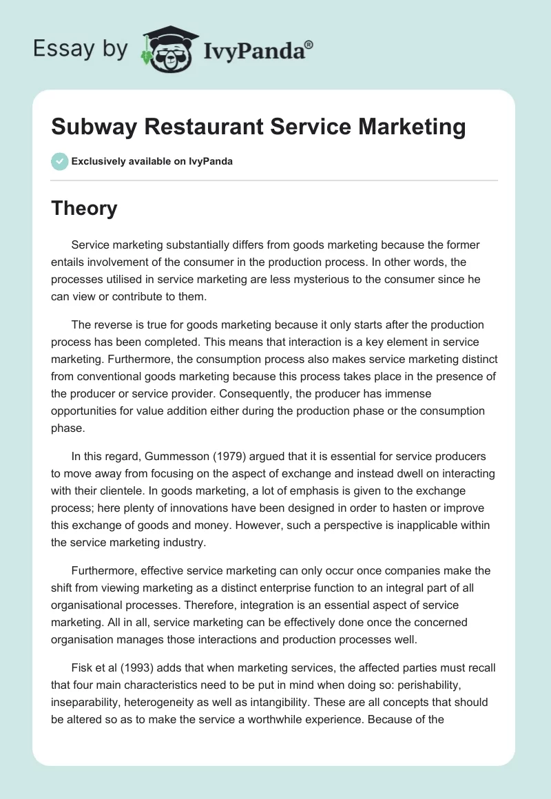 Subway Restaurant Service Marketing. Page 1