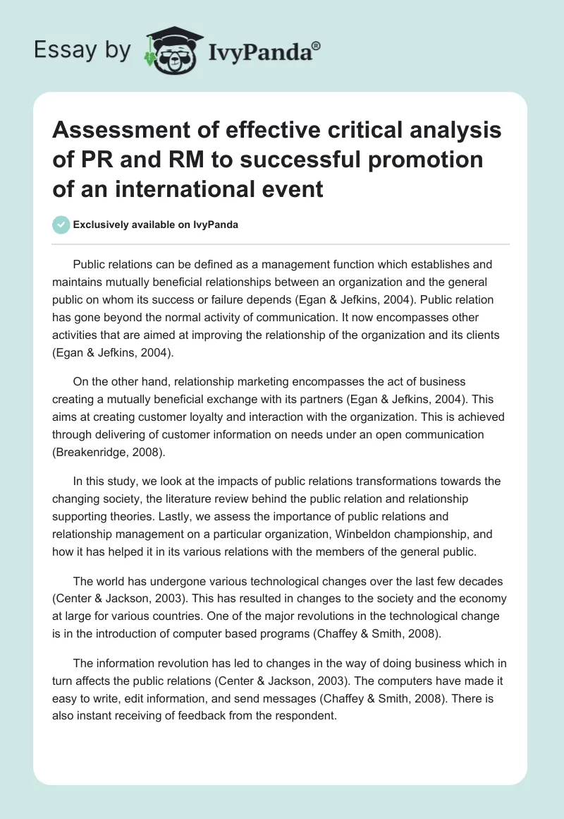 Assessment of effective critical analysis of PR and RM to successful promotion of an international event. Page 1