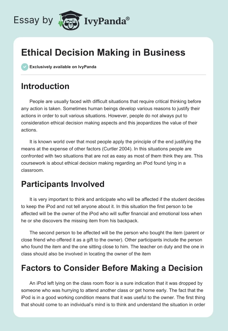 Ethical Decision Making in Business. Page 1