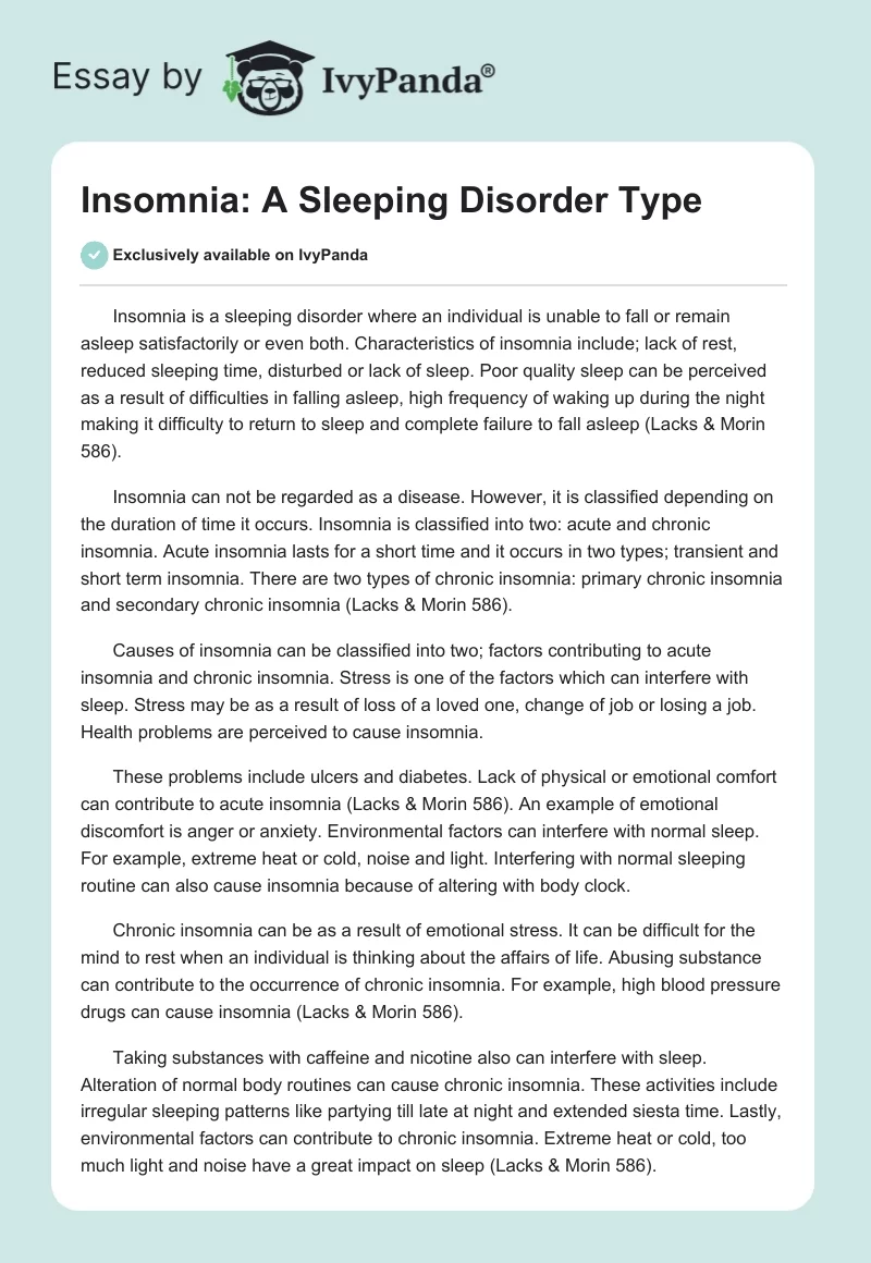Insomnia: A Sleeping Disorder Type. Page 1