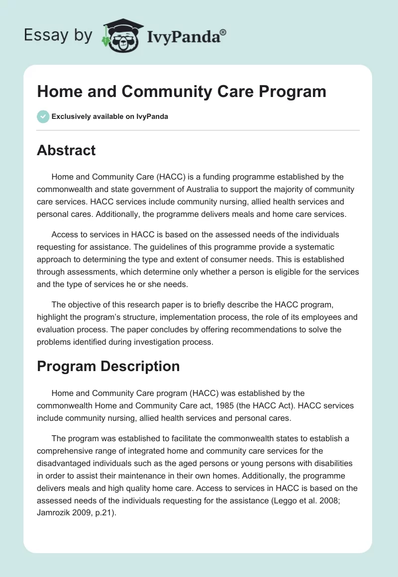 Home and Community Care Program. Page 1