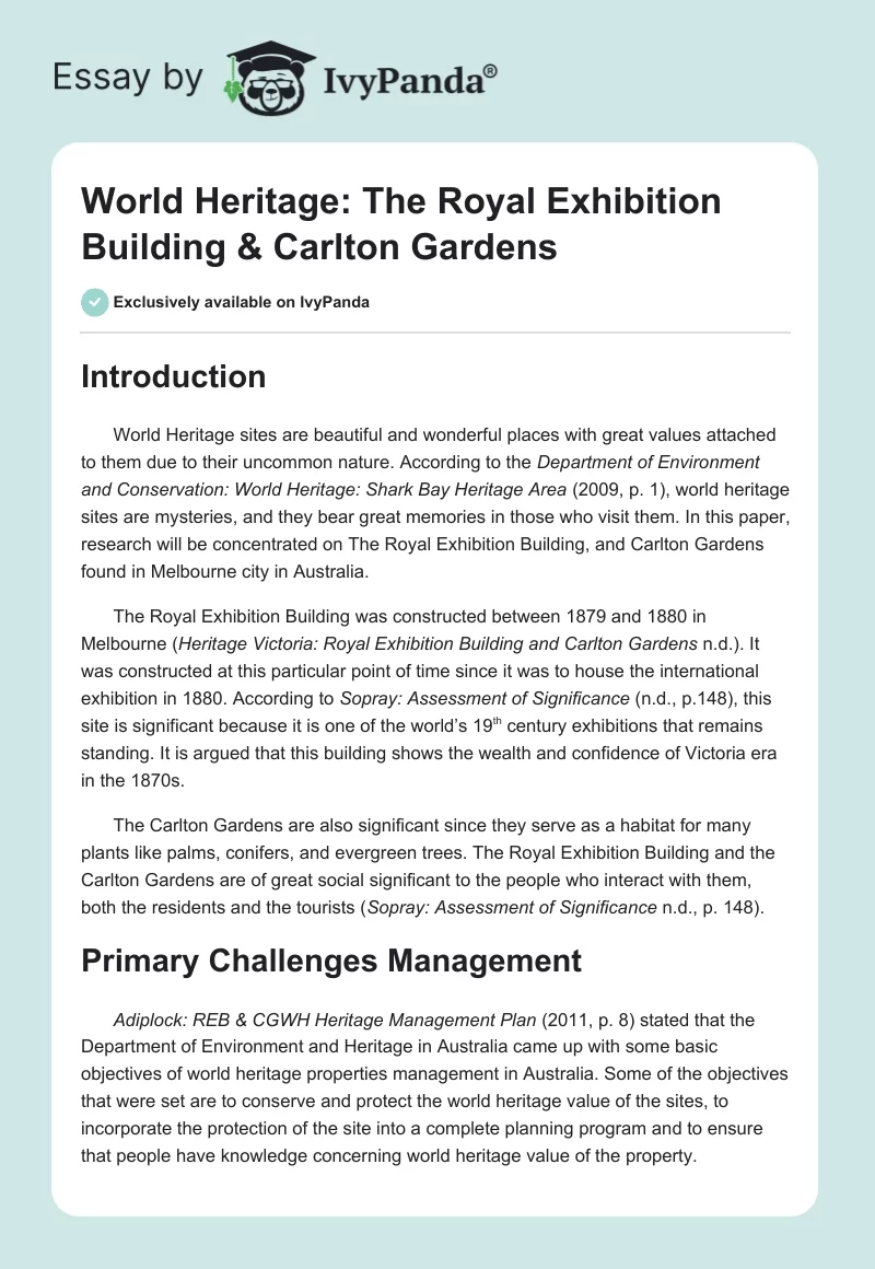 World Heritage: The Royal Exhibition Building & Carlton Gardens. Page 1