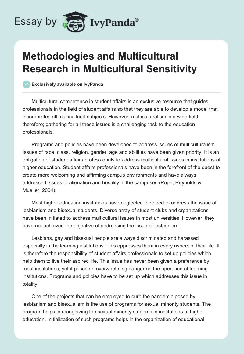 Methodologies and Multicultural Research in Multicultural Sensitivity. Page 1