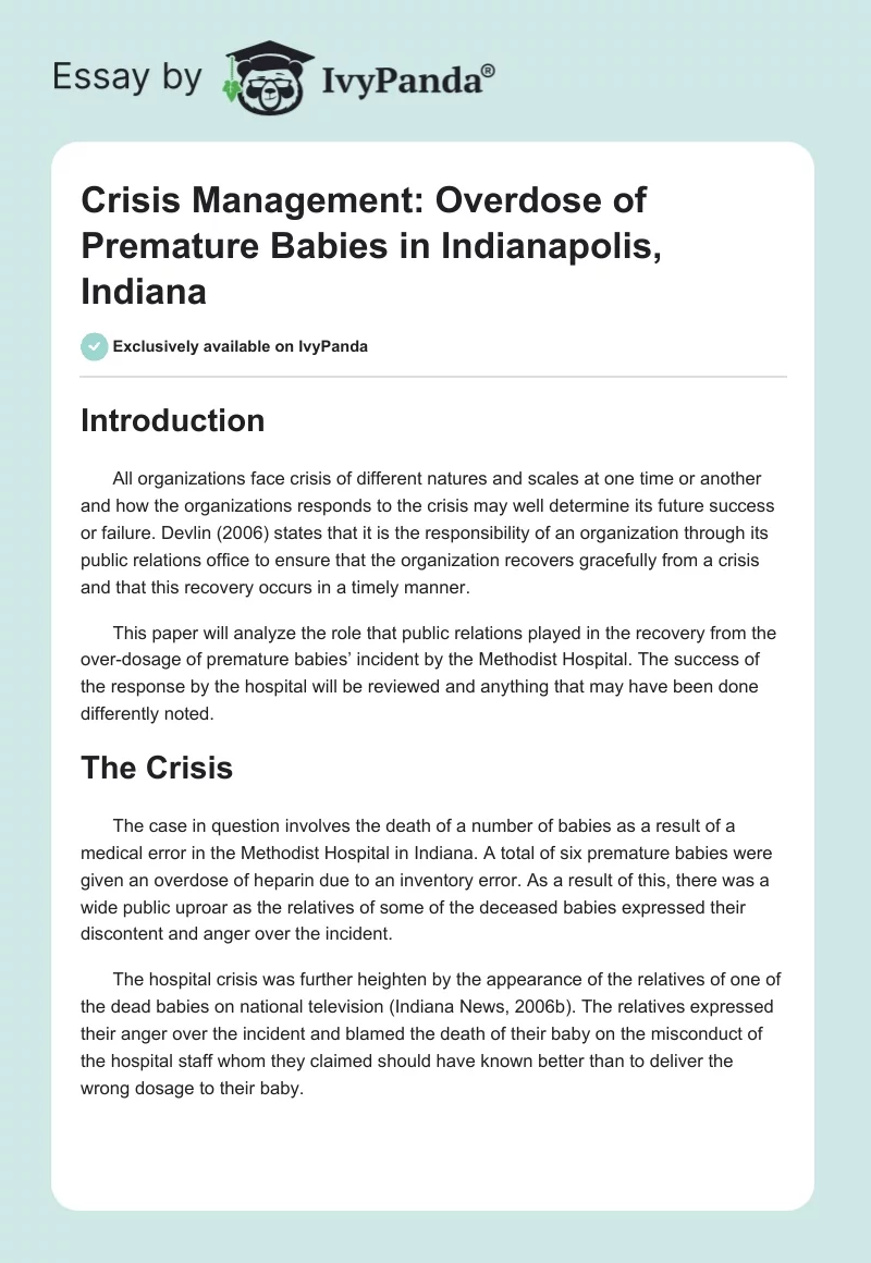 Crisis Management: Overdose of Premature Babies in Indianapolis, Indiana. Page 1
