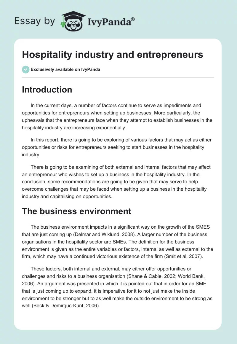 Hospitality industry and entrepreneurs. Page 1