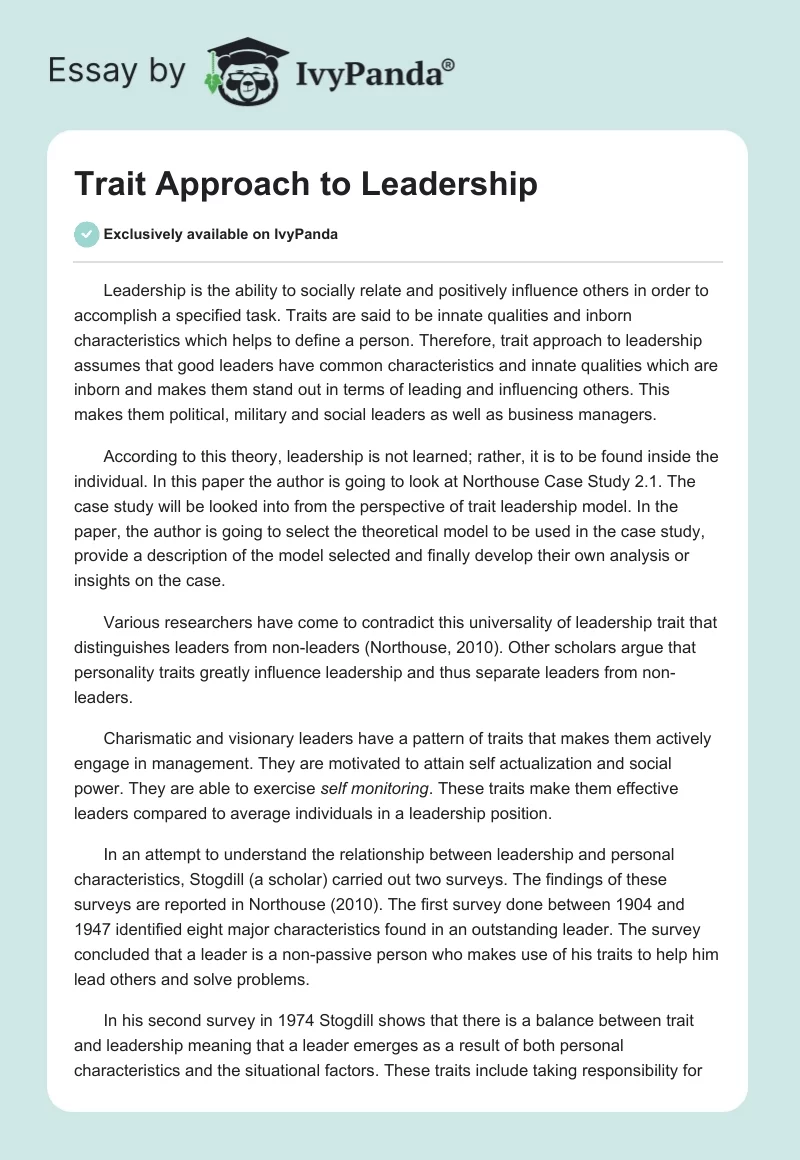 Trait Approach to Leadership. Page 1