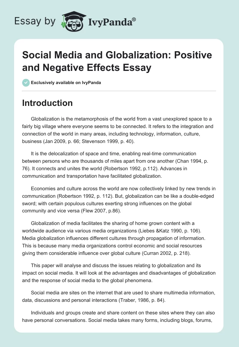 Social Media and Globalization: Positive and Negative Effects Essay. Page 1