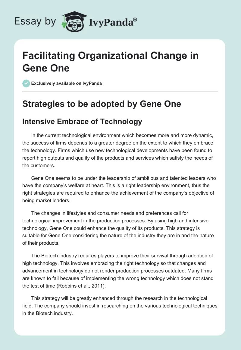 Facilitating Organizational Change in Gene One. Page 1