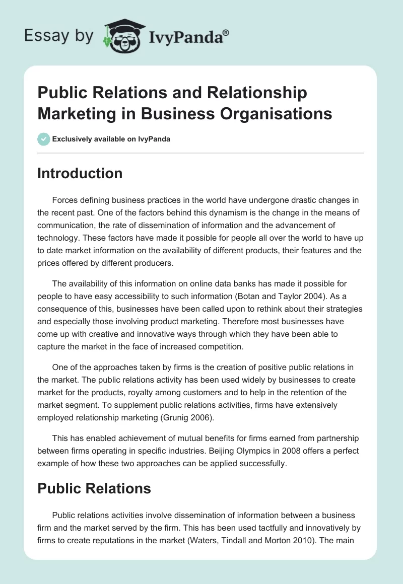 Public Relations and Relationship Marketing in Business Organisations. Page 1
