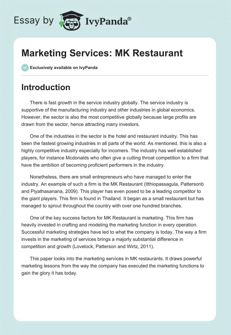 Marketing Services: MK Restaurant. Page 1