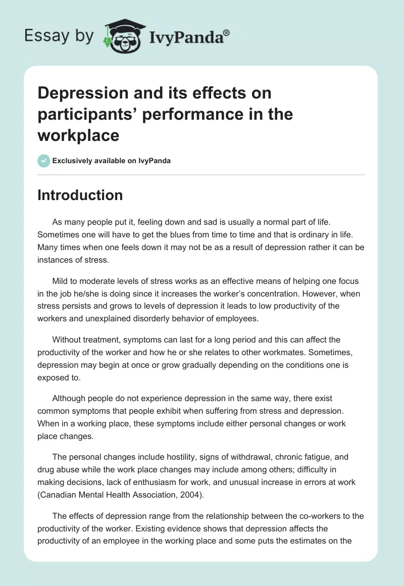 Depression and Its Effects on Participants’ Performance in the Workplace. Page 1