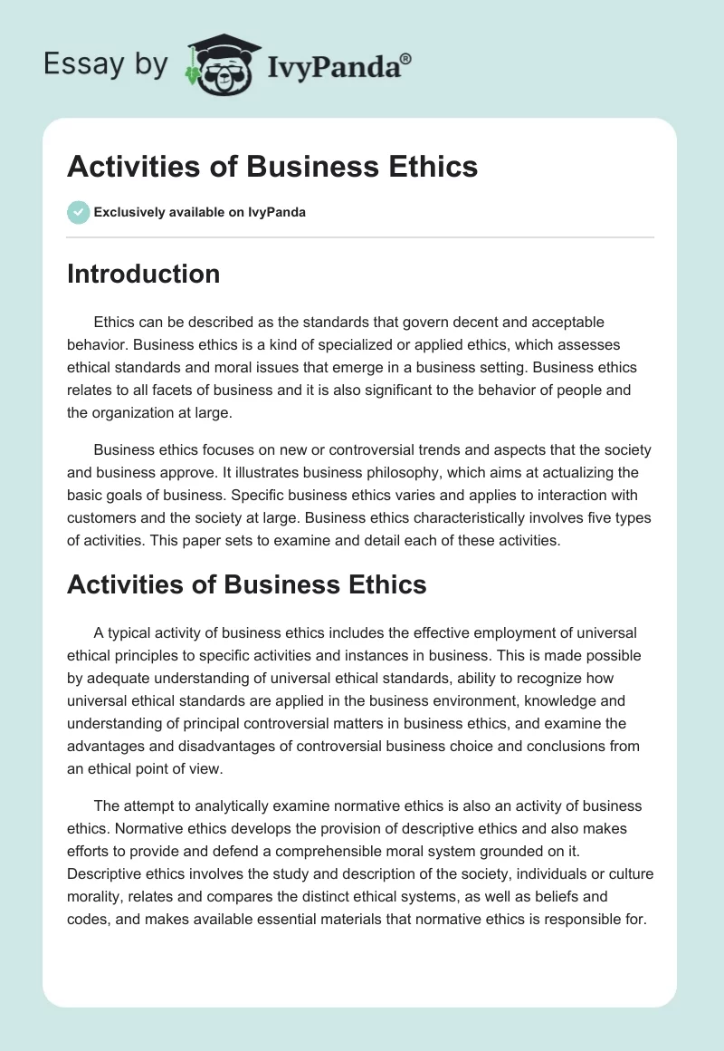 Activities of Business Ethics. Page 1