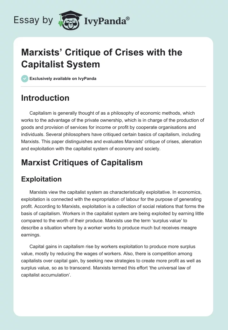 Marxists’ Critique of Crises With the Capitalist System. Page 1