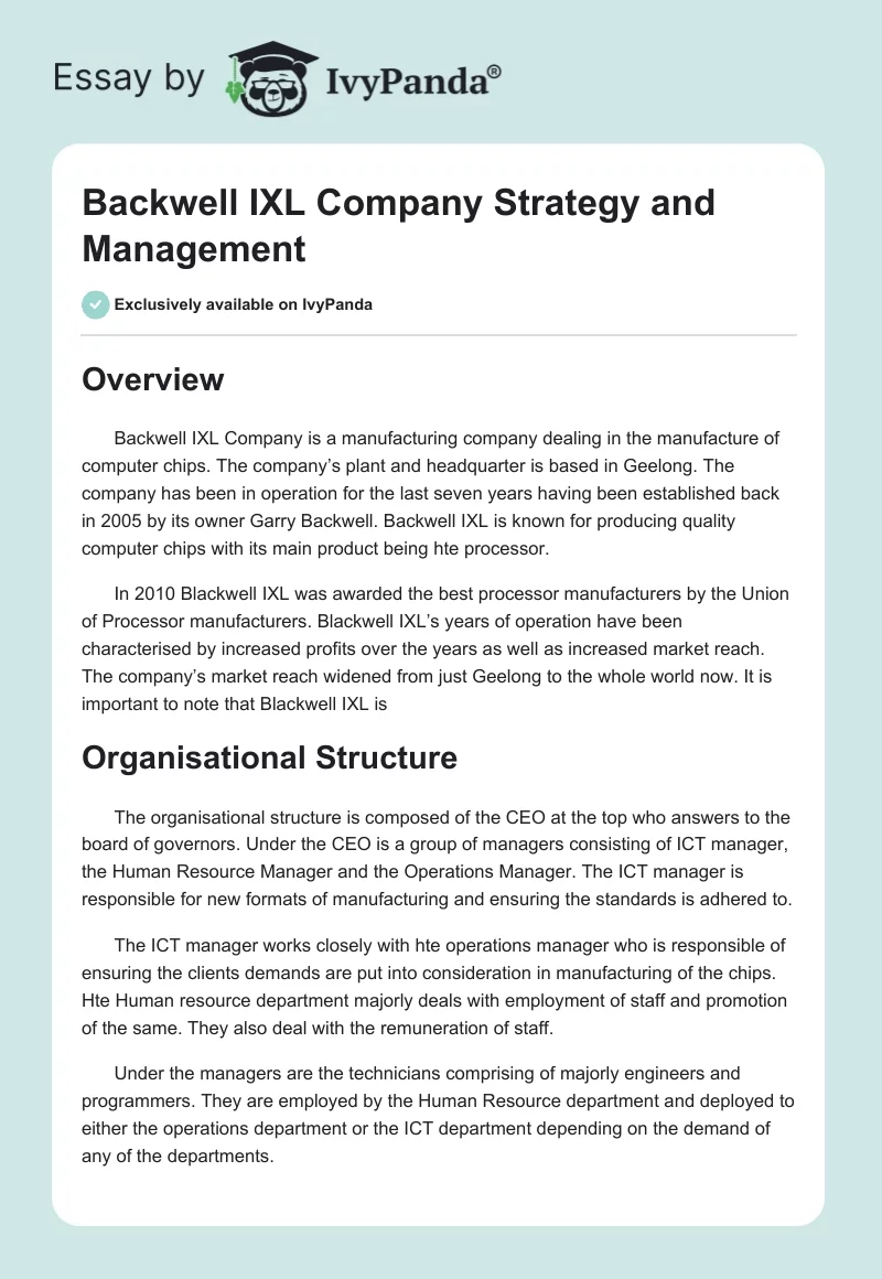Backwell IXL Company Strategy and Management. Page 1