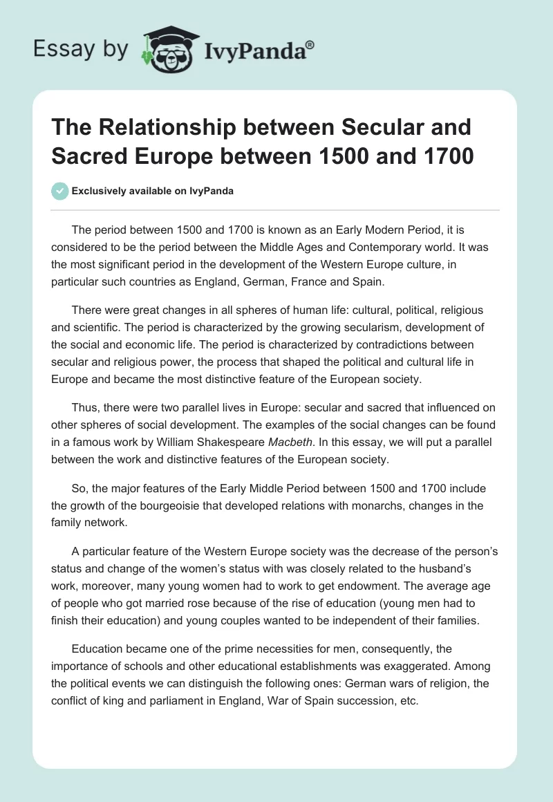 The Relationship between Secular and Sacred Europe between 1500 and 1700. Page 1